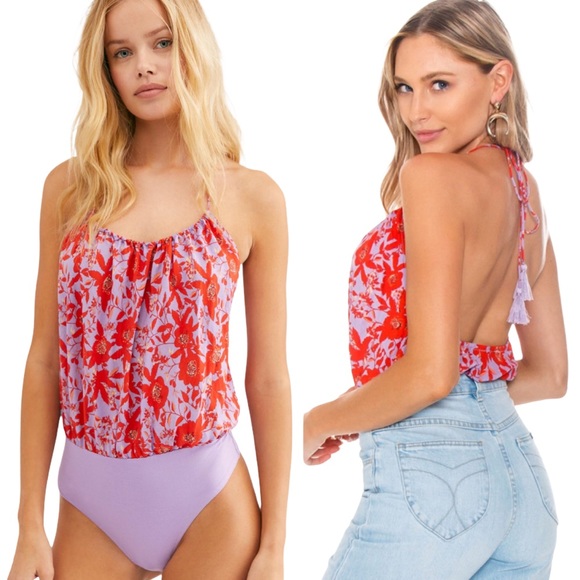 Free People Tops - FREE PEOPLE Liza Halter Bodysuit In Purple Combo